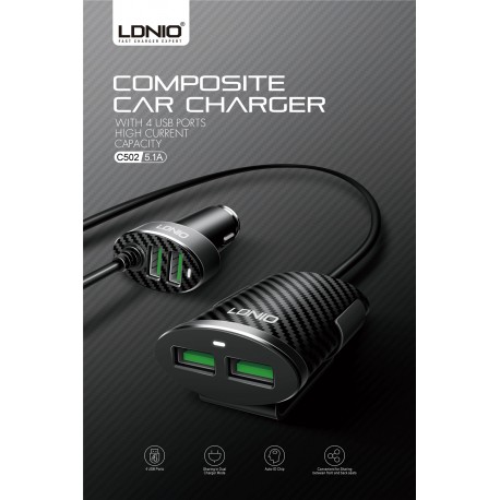 Incarcator auto 4x porturi USB incarcare rapida 5A, cablu extensie bancheta spate